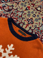Crencia Orange Snowflake Graphic Striped Knit Crewneck Sweater - L