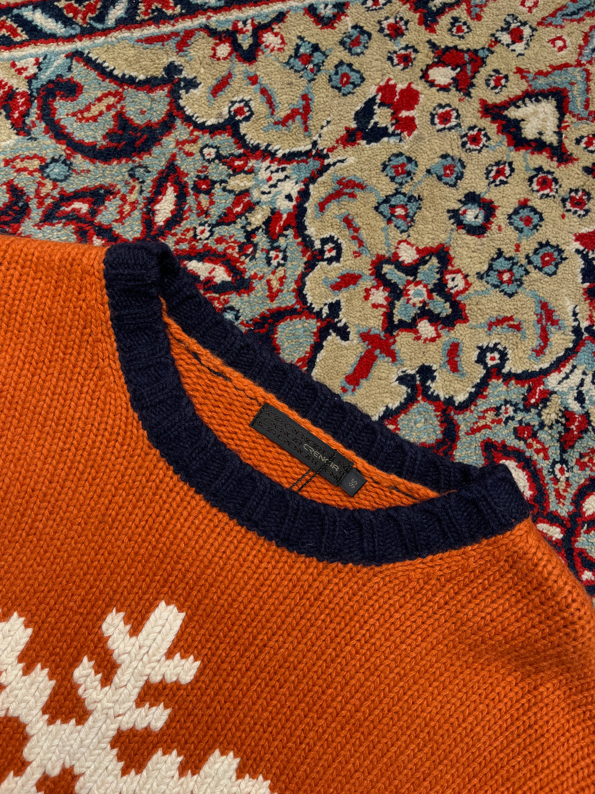 Crencia Orange Snowflake Graphic Striped Knit Crewneck Sweater - L