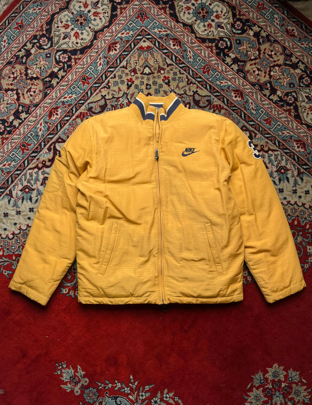 Vintage Nike Yellow Striped Ribbed Collar Down Puffer Jacket - M