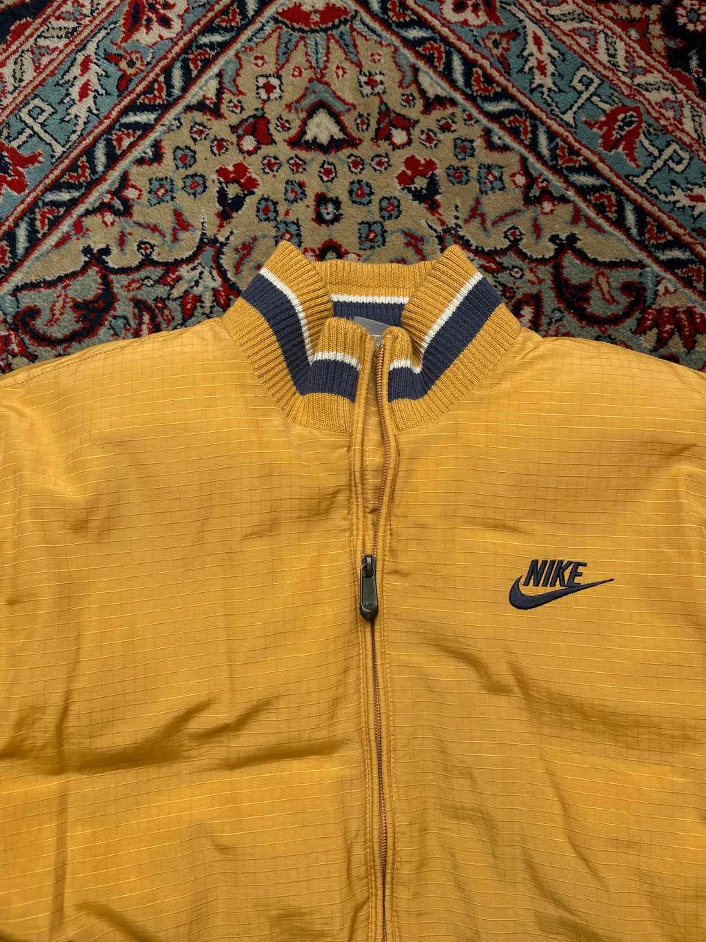 Vintage Nike Yellow Striped Ribbed Collar Down Puffer Jacket - M