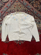 Vintage Amari Cream Pointelle Floral Embroidered Pearl Button Knit Cardigan - M