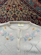 Vintage Amari Cream Pointelle Floral Embroidered Pearl Button Knit Cardigan - M