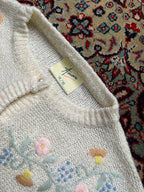 Vintage Amari Cream Pointelle Floral Embroidered Pearl Button Knit Cardigan - M