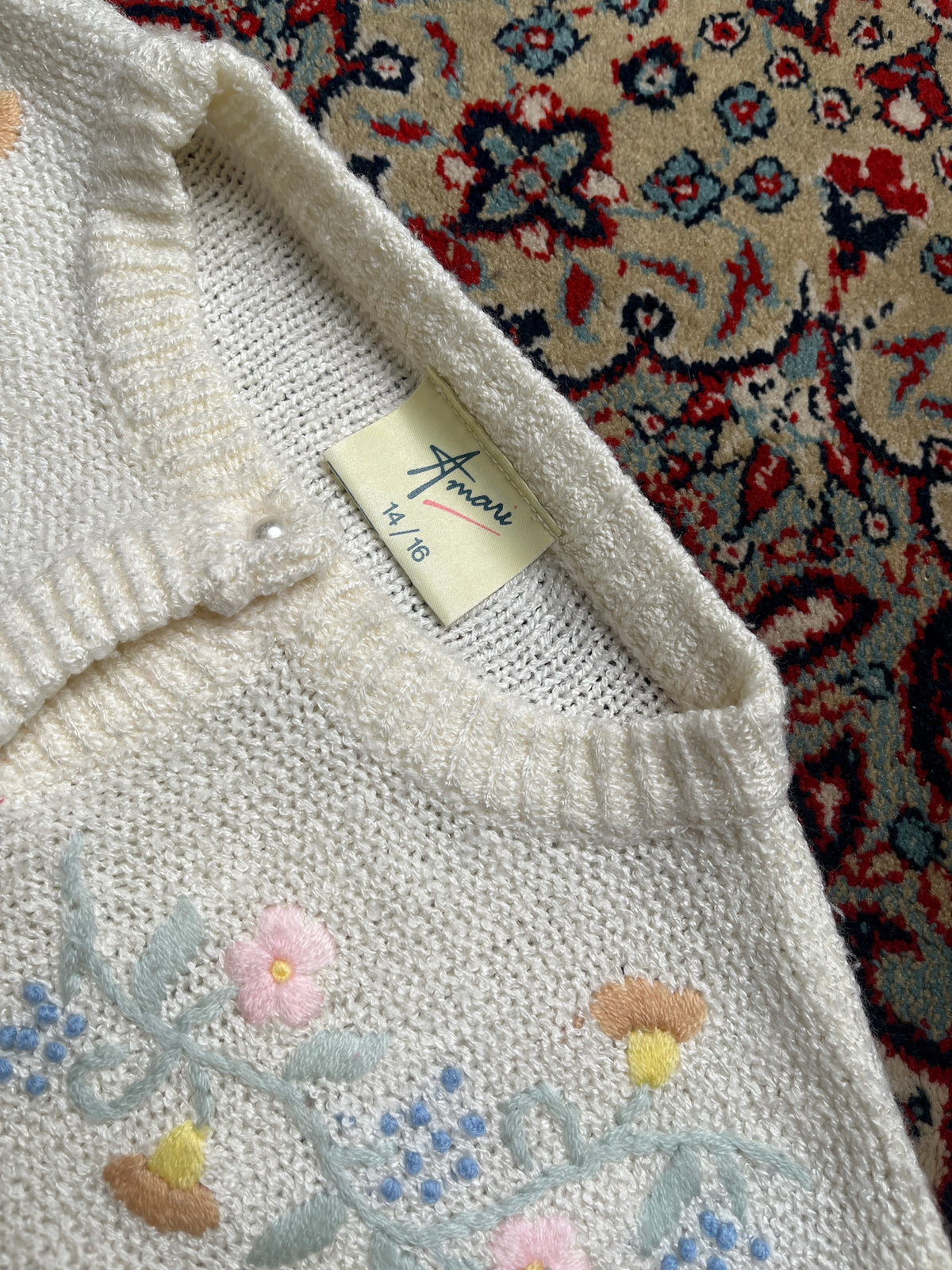 Vintage Amari Cream Pointelle Floral Embroidered Pearl Button Knit Cardigan - M