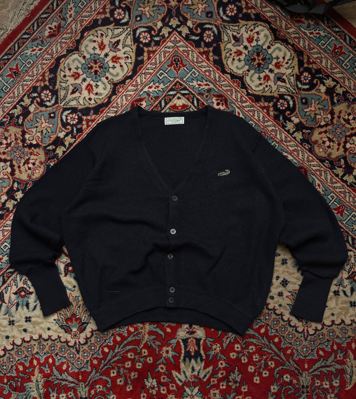 Vintage Crocodile Original Embroidered Logo Black V-Neck Cardigan - M