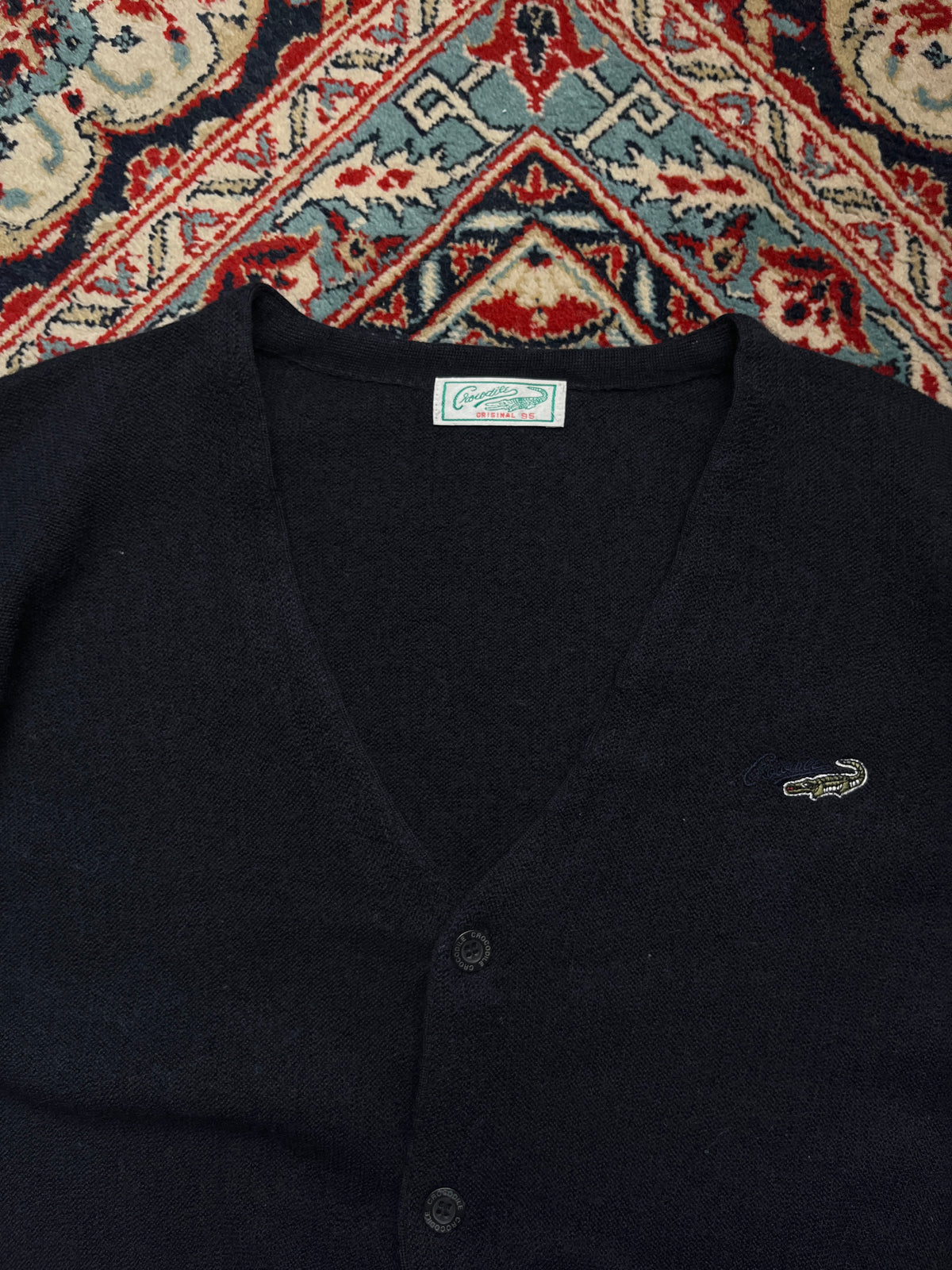 Vintage Crocodile Original Embroidered Logo Black V-Neck Cardigan - M