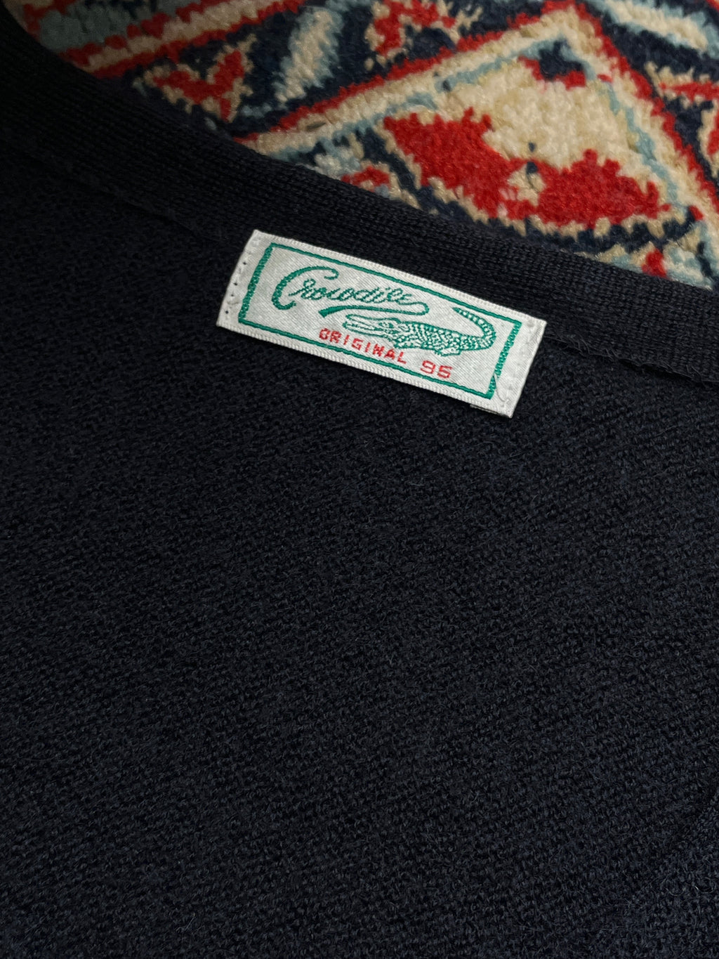 Vintage Crocodile Original Embroidered Logo Black V-Neck Cardigan - M