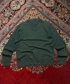 Tommy Hilfiger Forest Green Cotton Cashmere Blend V-Neck Knit Sweater - L