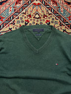 Tommy Hilfiger Forest Green Cotton Cashmere Blend V-Neck Knit Sweater - L
