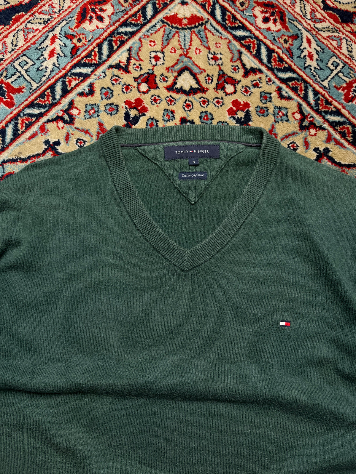 Tommy Hilfiger Forest Green Cotton Cashmere Blend V-Neck Knit Sweater - L