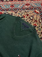 Tommy Hilfiger Forest Green Cotton Cashmere Blend V-Neck Knit Sweater - L