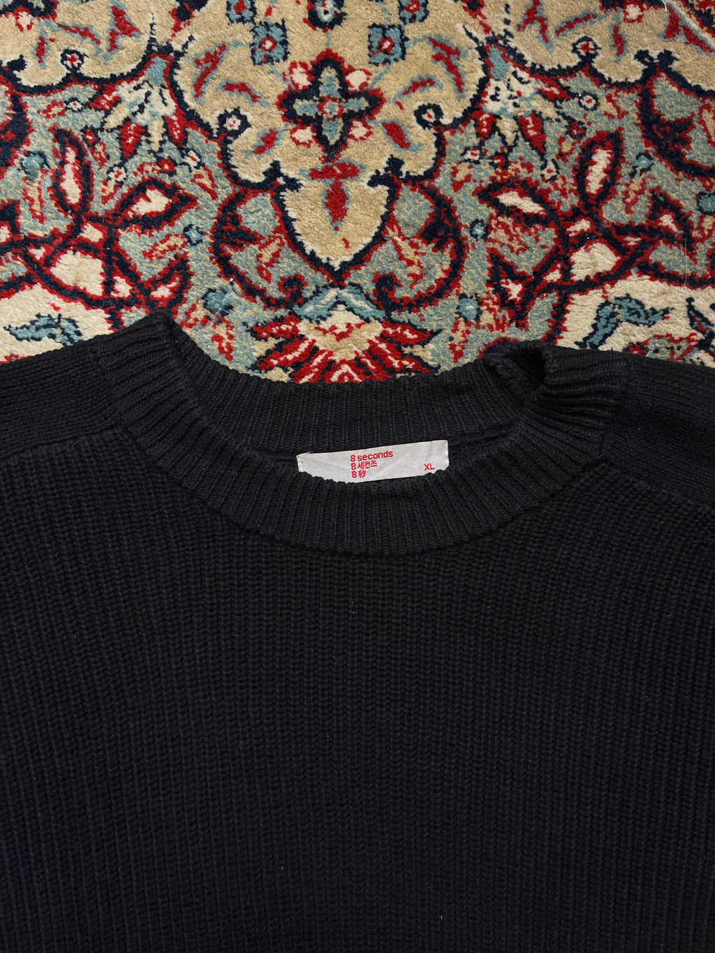 8 Seconds Korean Black Cotton Chunky Ribbed Knit Crewneck Sweater - XL