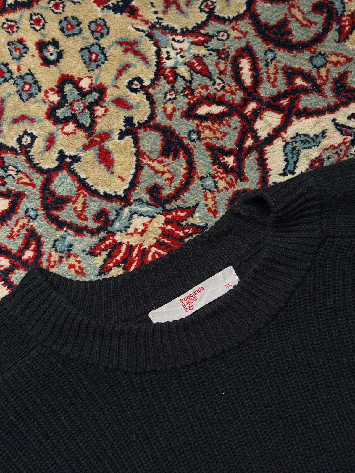 8 Seconds Korean Black Cotton Chunky Ribbed Knit Crewneck Sweater - XL