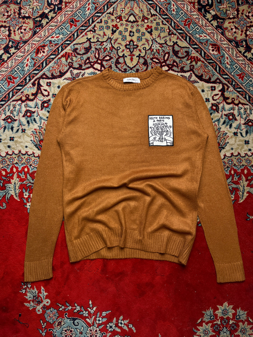 Keith Haring Graphic Art Patch Brown Crewneck Knit Sweater - M