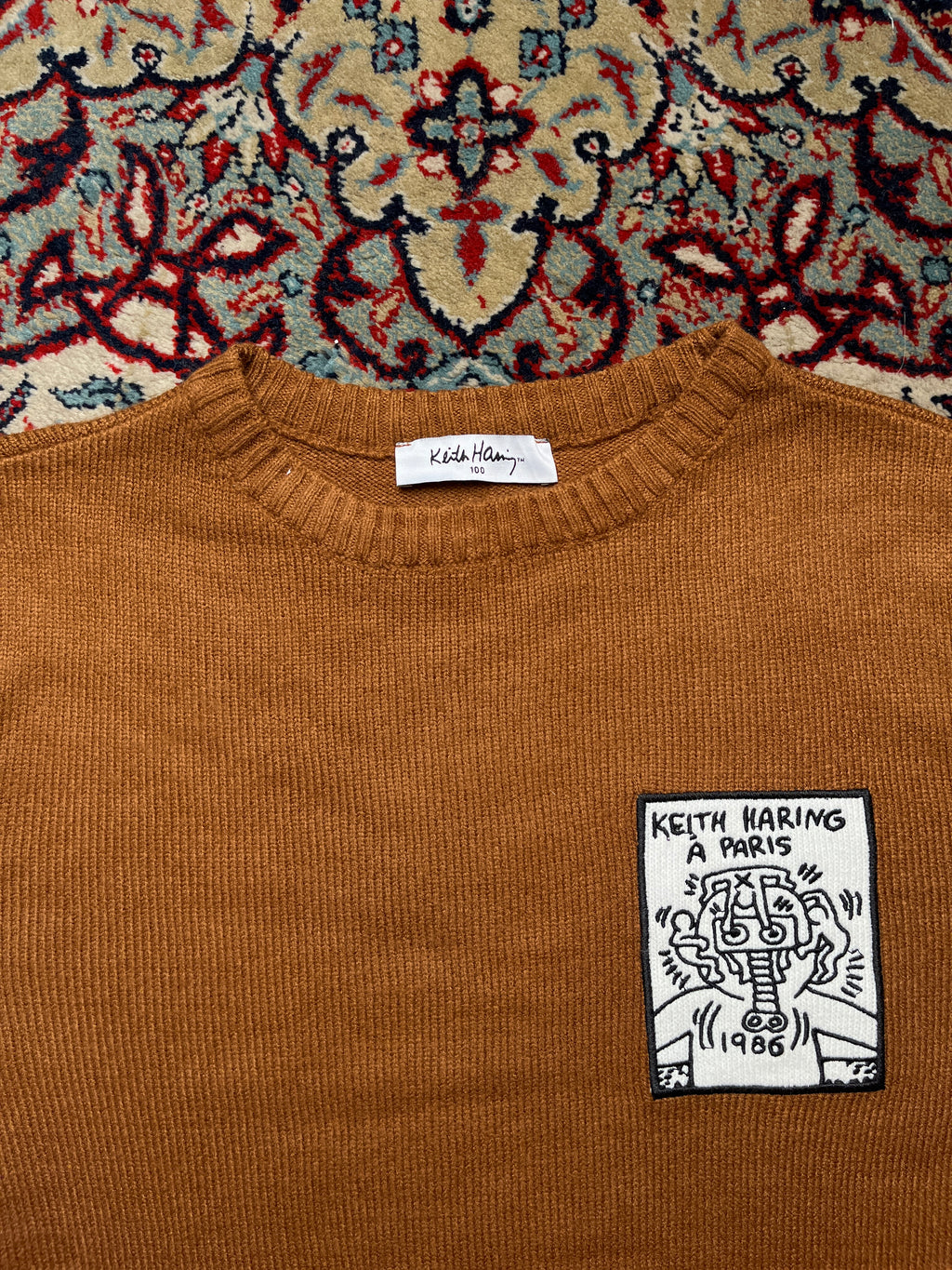 Keith Haring Graphic Art Patch Brown Crewneck Knit Sweater - M