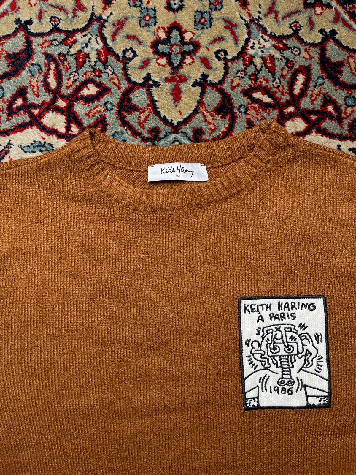 Keith Haring Graphic Art Patch Brown Crewneck Knit Sweater - M