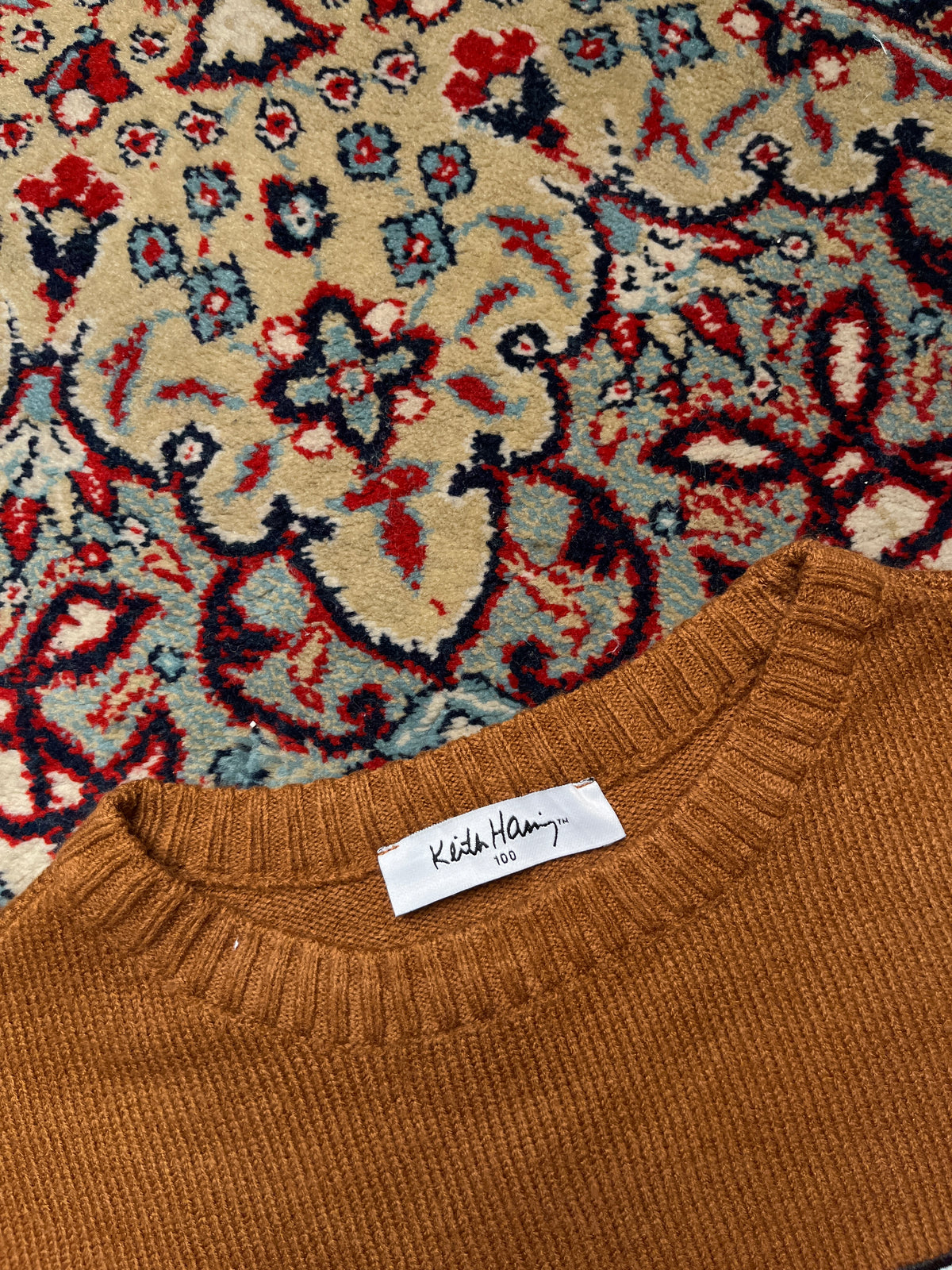 Keith Haring Graphic Art Patch Brown Crewneck Knit Sweater - M