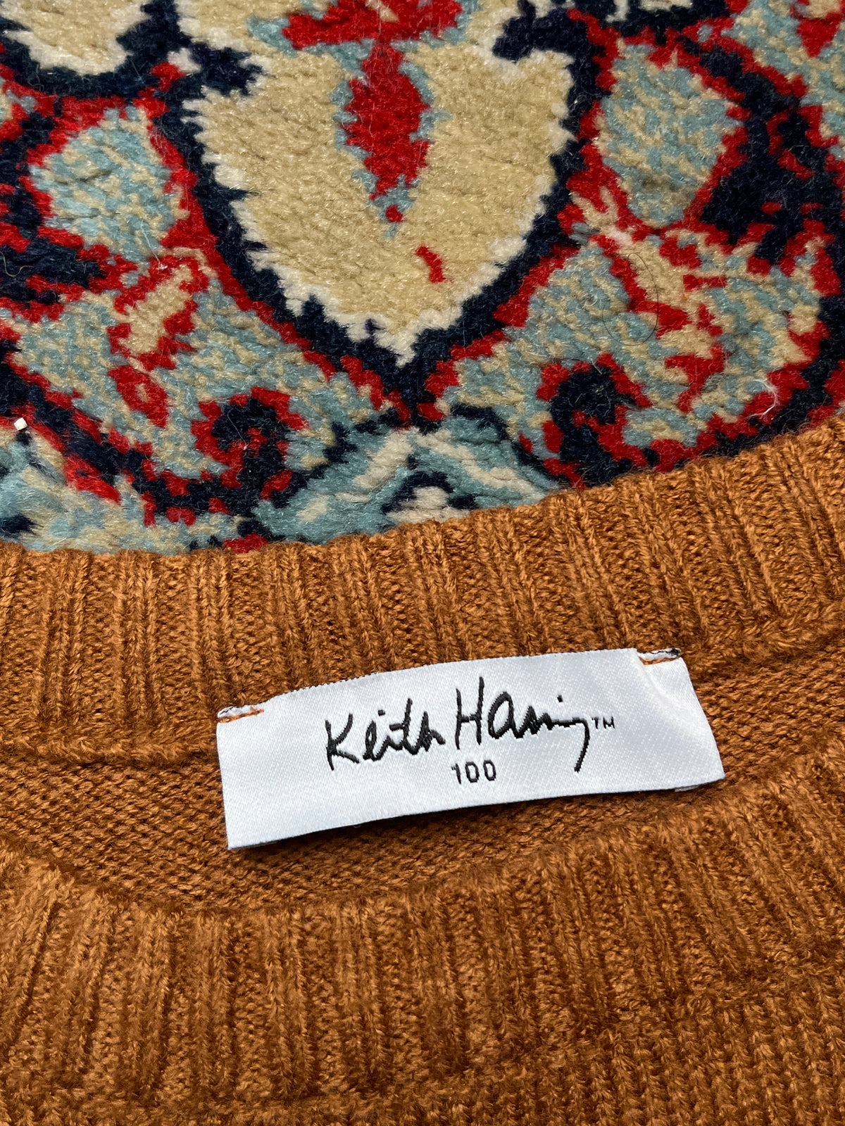 Keith Haring Graphic Art Patch Brown Crewneck Knit Sweater - M