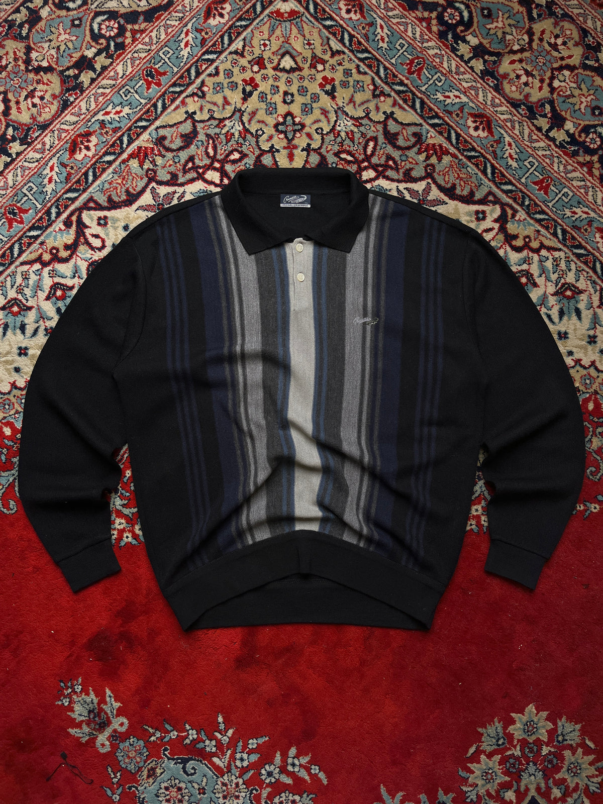 Vintage Crocodile Vertical Striped Embroidered Logo Polo Knit Sweater - L