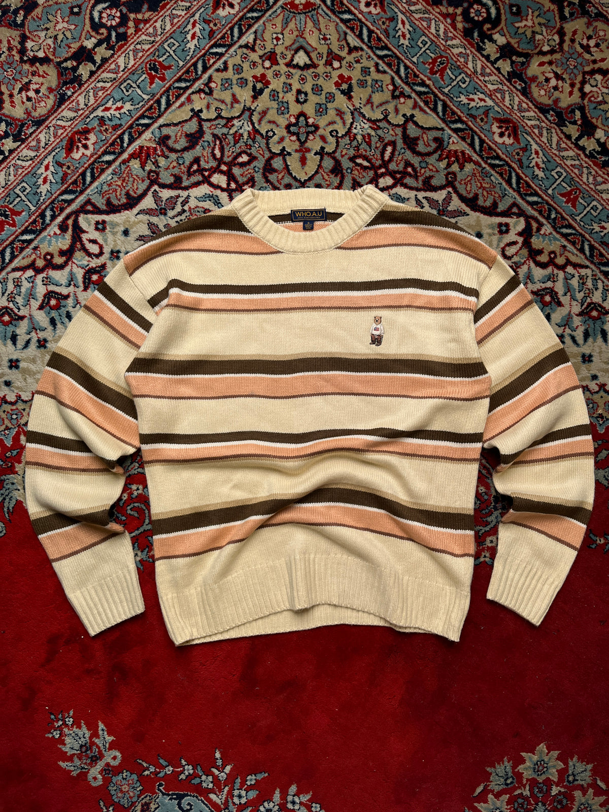 WHO.A.U 20th Anniversary Embroidered Steve Bear Striped Crewneck Knit Sweater - M