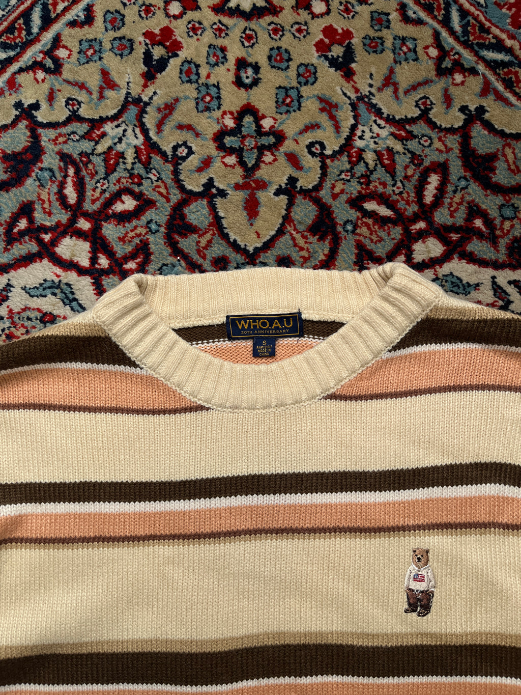 WHO.A.U 20th Anniversary Embroidered Steve Bear Striped Crewneck Knit Sweater - M