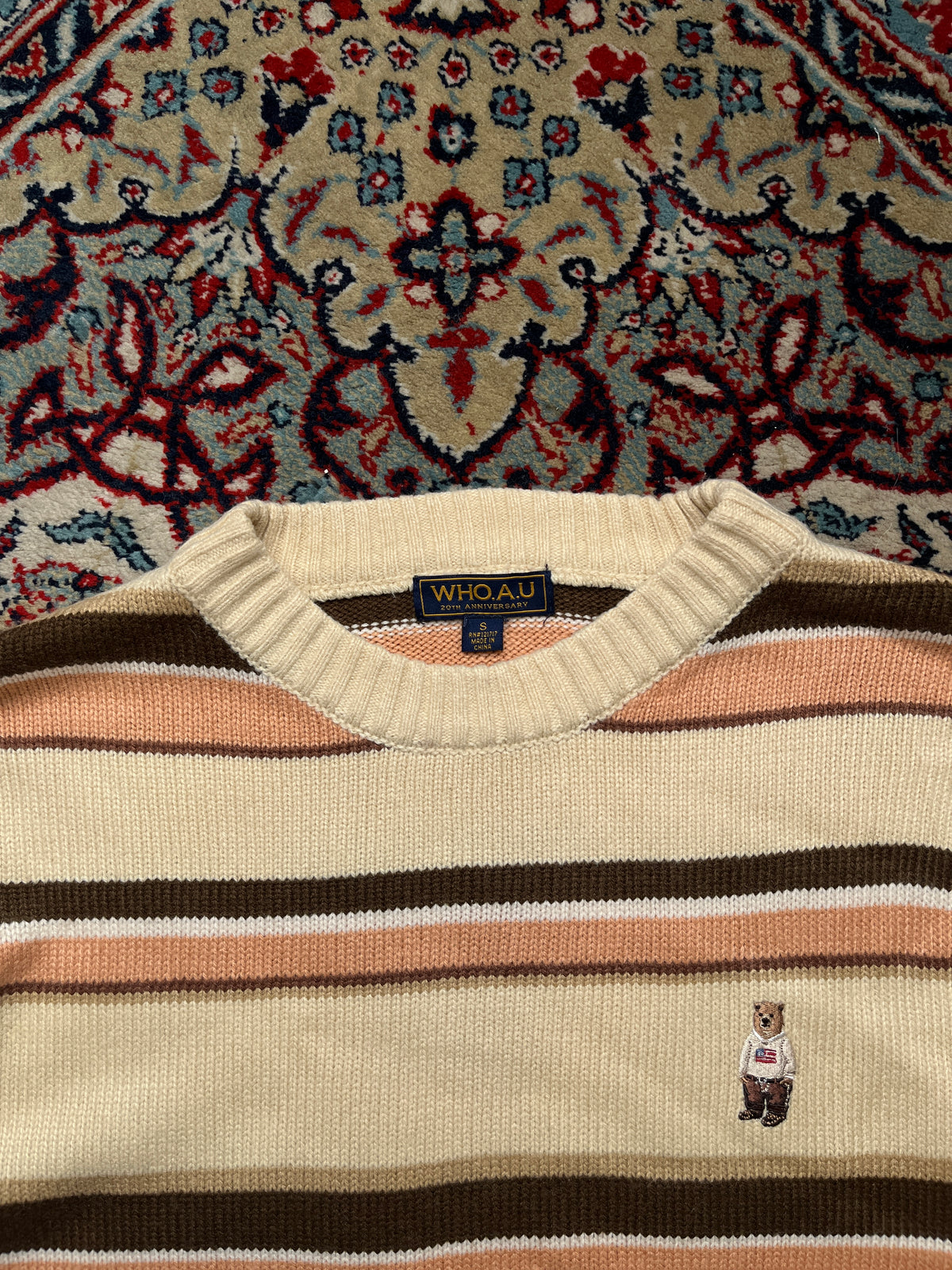 WHO.A.U 20th Anniversary Embroidered Steve Bear Striped Crewneck Knit Sweater - M