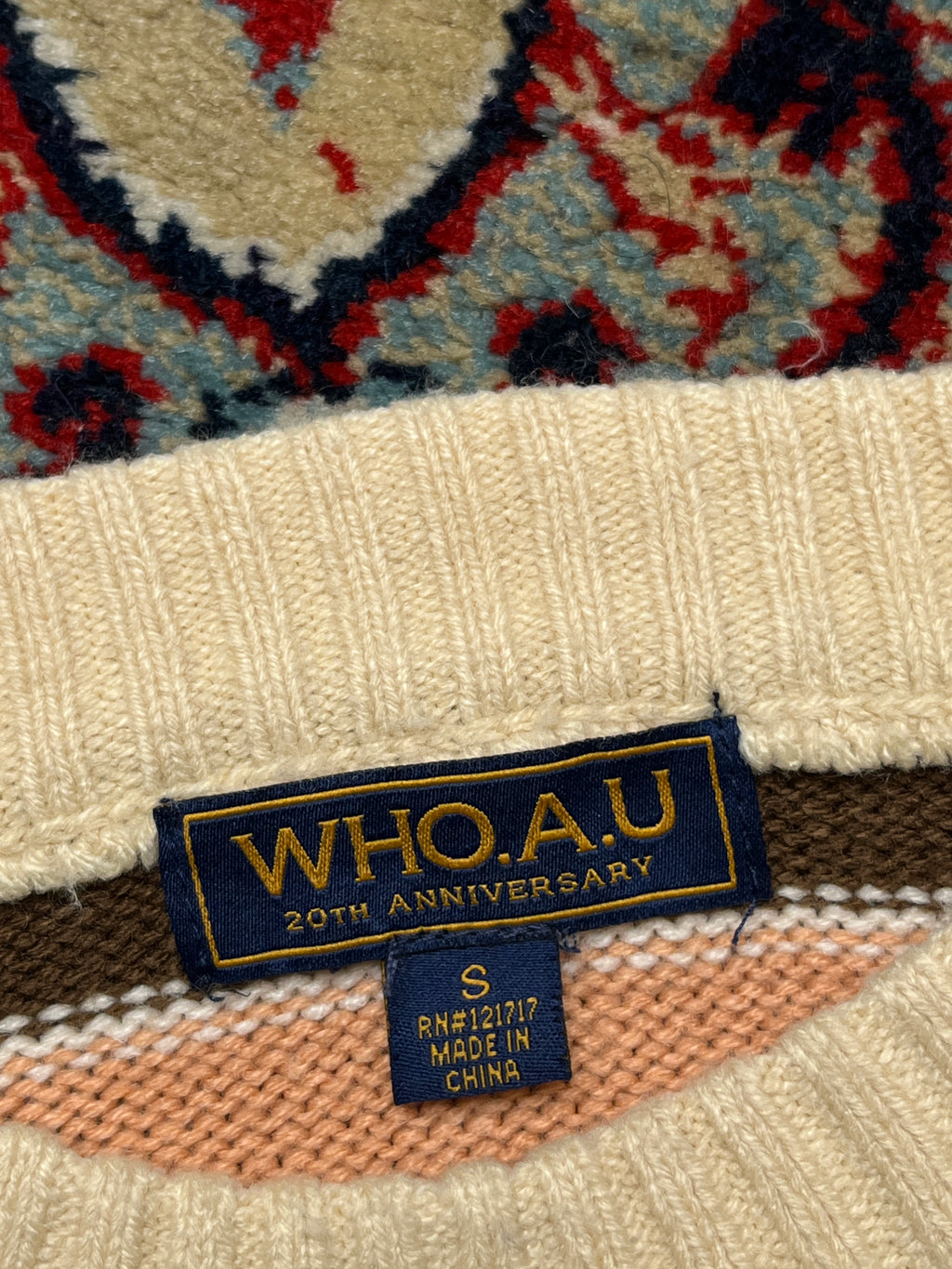 WHO.A.U 20th Anniversary Embroidered Steve Bear Striped Crewneck Knit Sweater - M