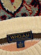 WHO.A.U 20th Anniversary Embroidered Steve Bear Striped Crewneck Knit Sweater - M