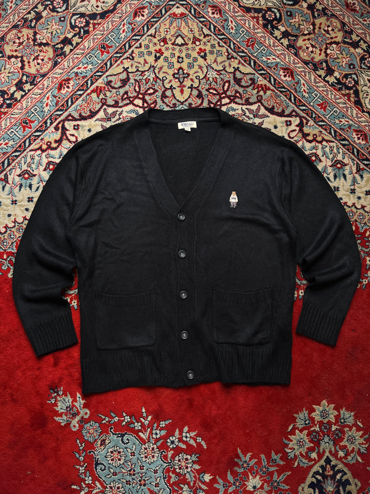 WHO.A.U Californian Dream Black Steve Bear Embroidered Knit Cardigan - M