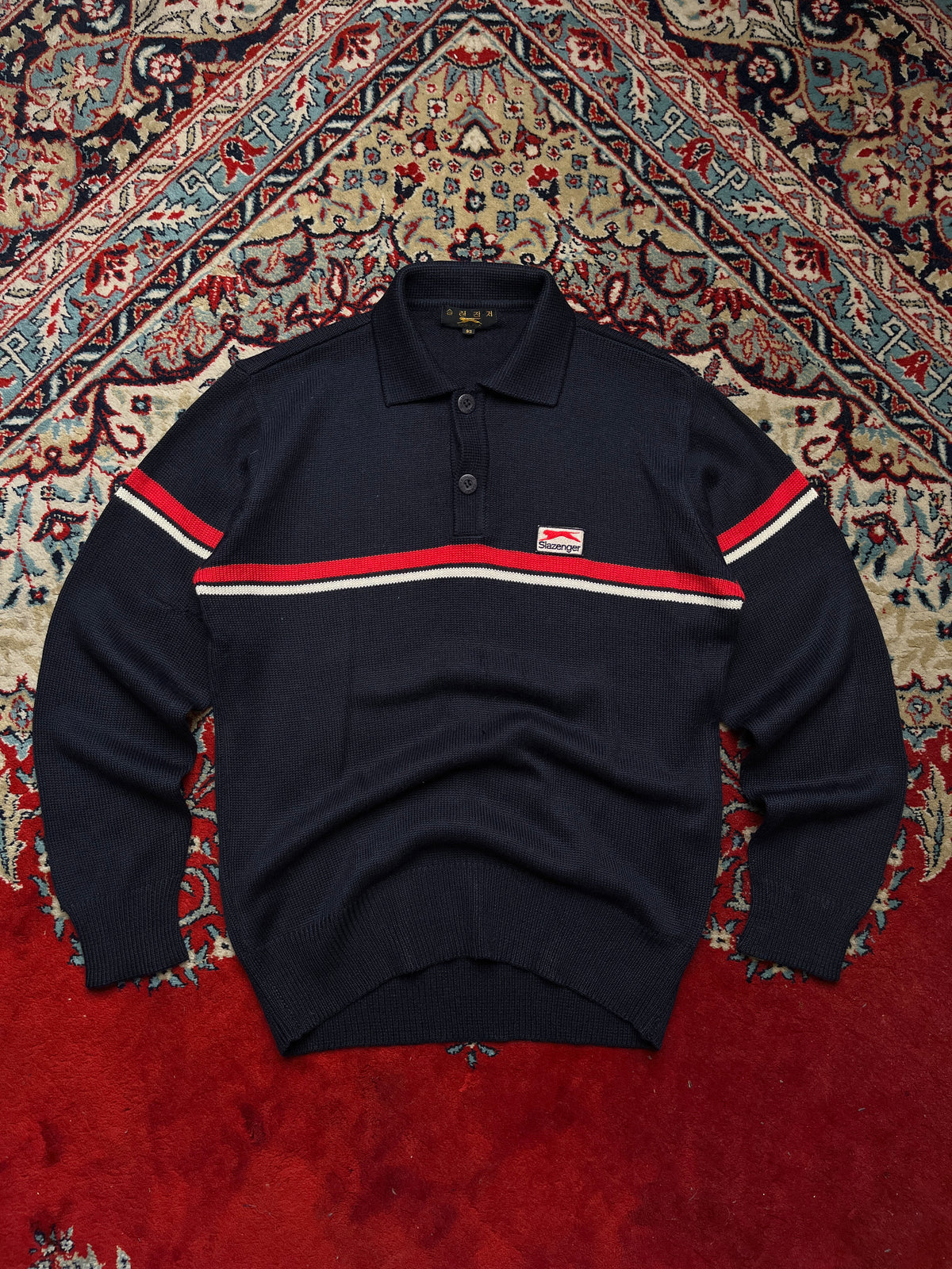 Slazenger Navy Blue Red Striped Button Polo Collar Knit Sweater - M