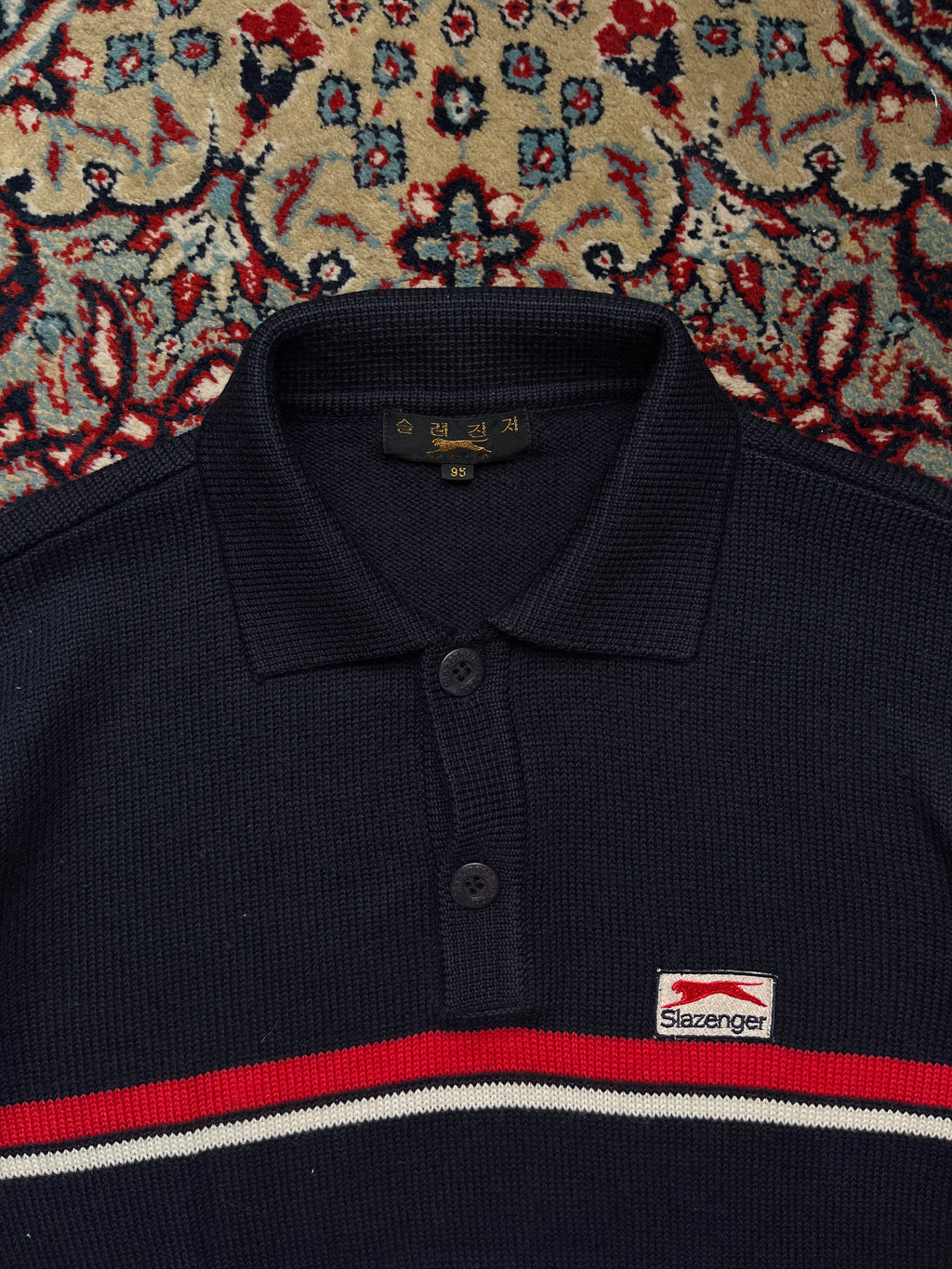 Slazenger Navy Blue Red Striped Button Polo Collar Knit Sweater - M