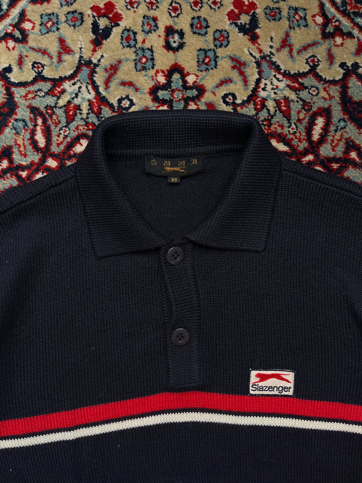 Slazenger Navy Blue Red Striped Button Polo Collar Knit Sweater - M