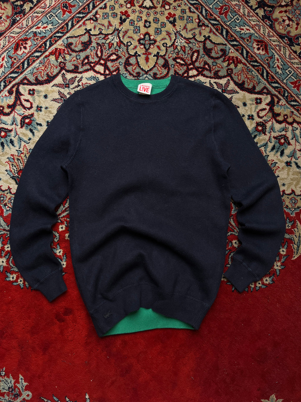Lacoste L!VE Navy Blue Contrast Green Lining Knit Crewneck Sweater - M