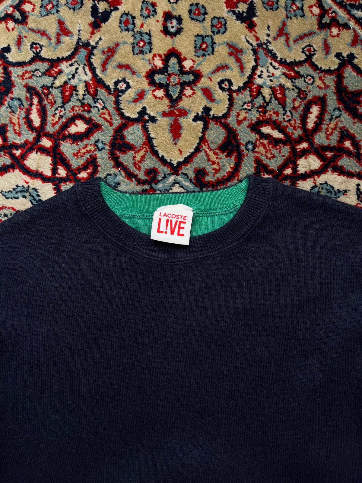 Lacoste L!VE Navy Blue Contrast Green Lining Knit Crewneck Sweater - M