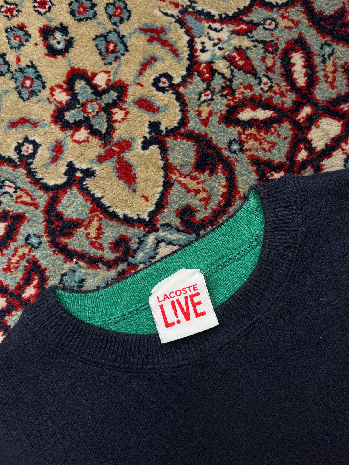 Lacoste L!VE Navy Blue Contrast Green Lining Knit Crewneck Sweater - M