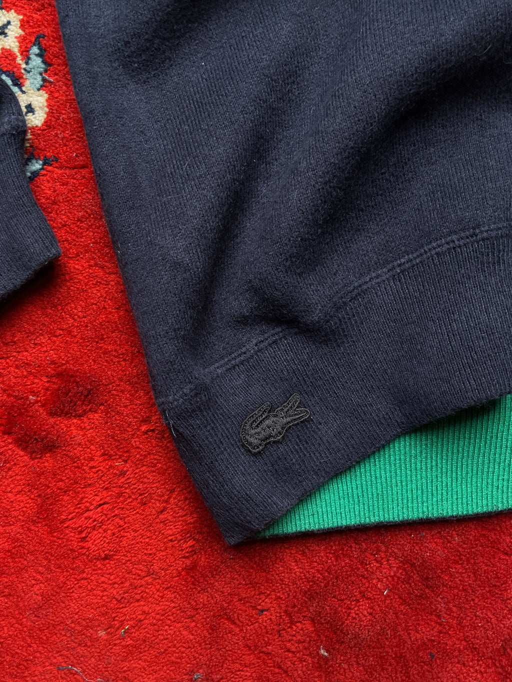 Lacoste L!VE Navy Blue Contrast Green Lining Knit Crewneck Sweater - M