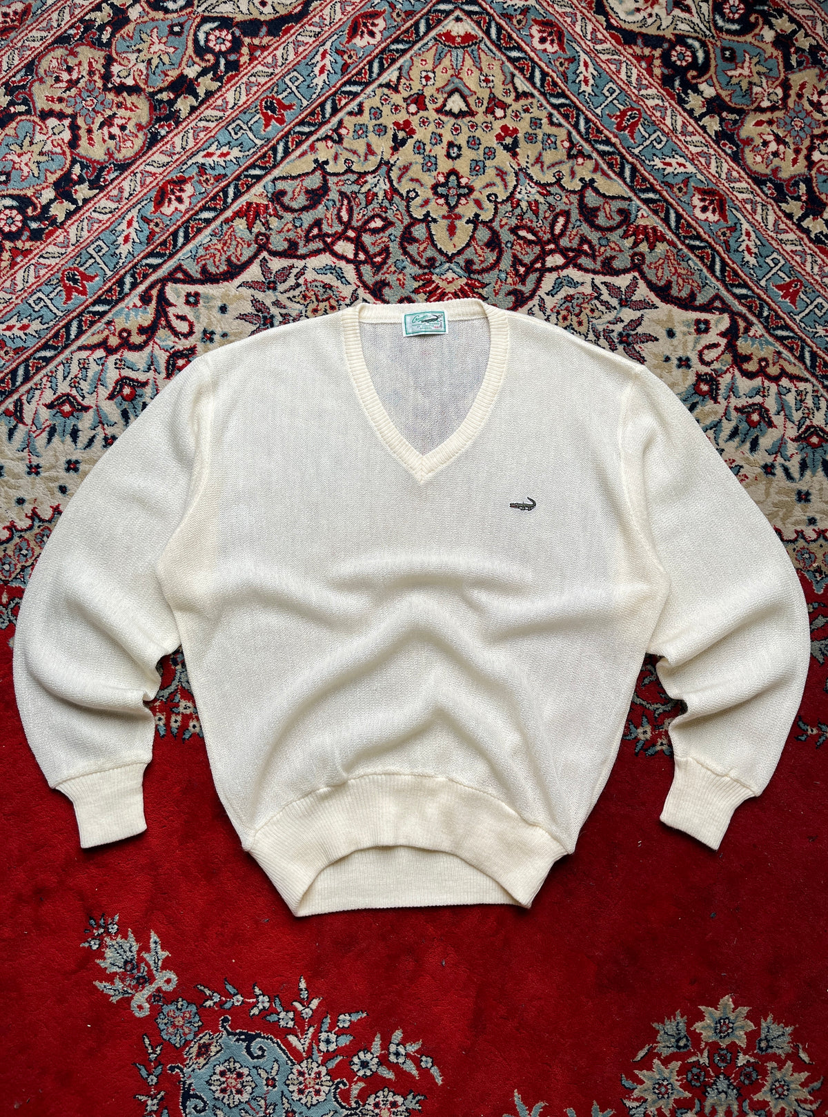 Vintage Crocodile Cream V-Neck Knit Sweater - L