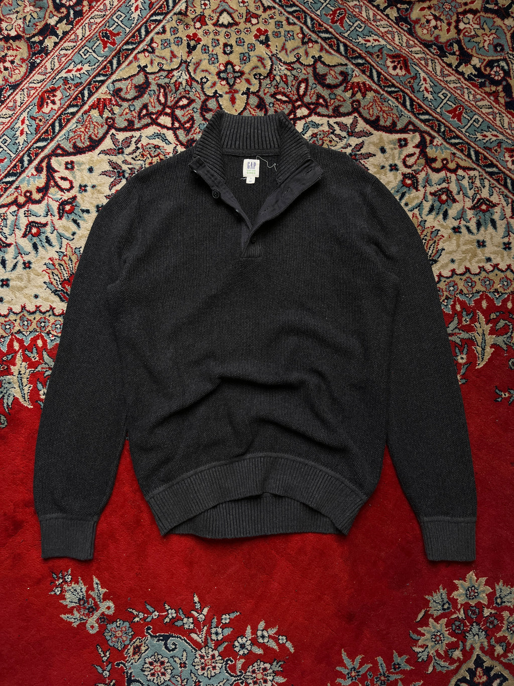 GAP Charcoal Grey Cotton Button Mock Neck Knit Sweater - M