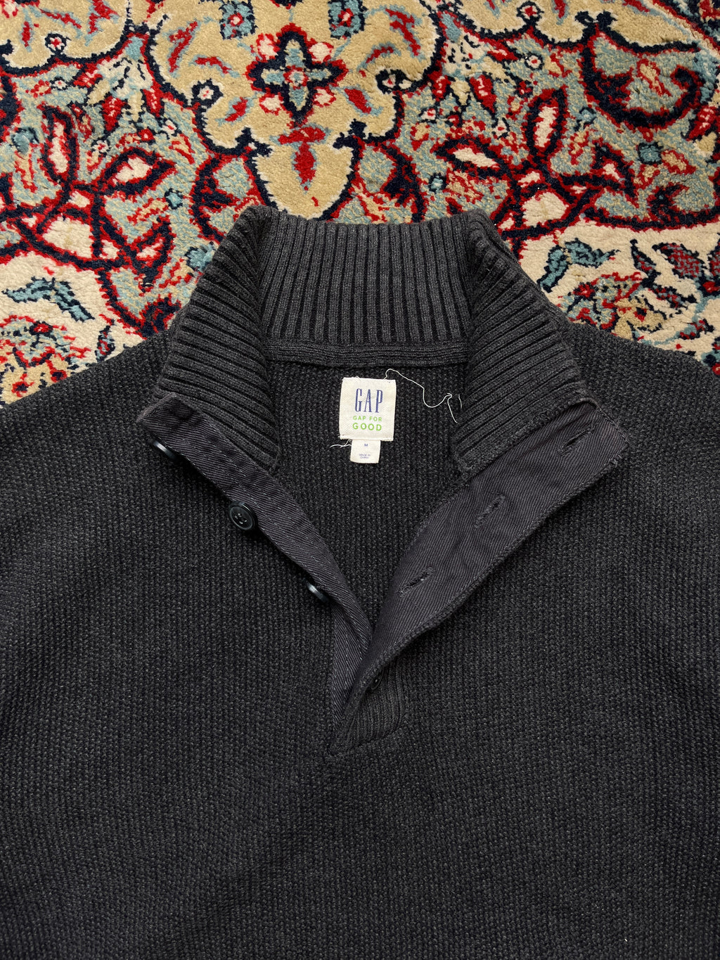 GAP Charcoal Grey Cotton Button Mock Neck Knit Sweater - M