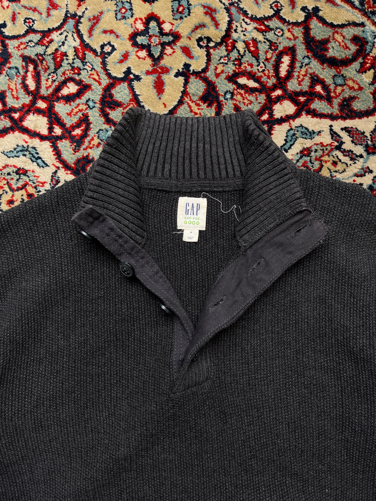 GAP Charcoal Grey Cotton Button Mock Neck Knit Sweater - M