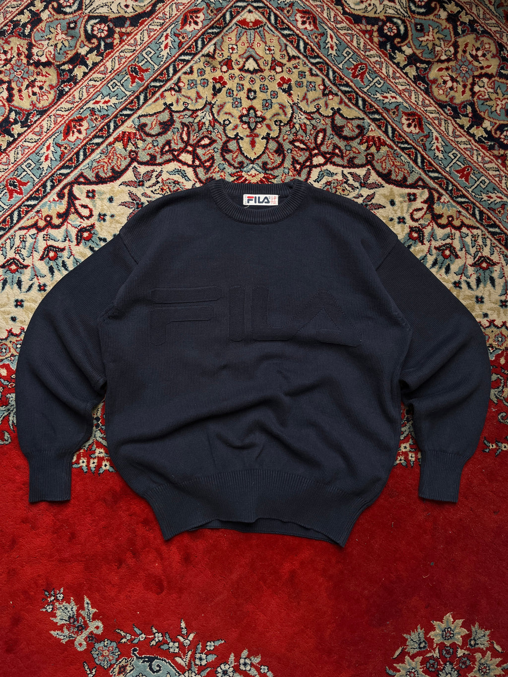 Vintage Fila Navy Blue Embossed Big Logo Knit Crewneck Sweater - M