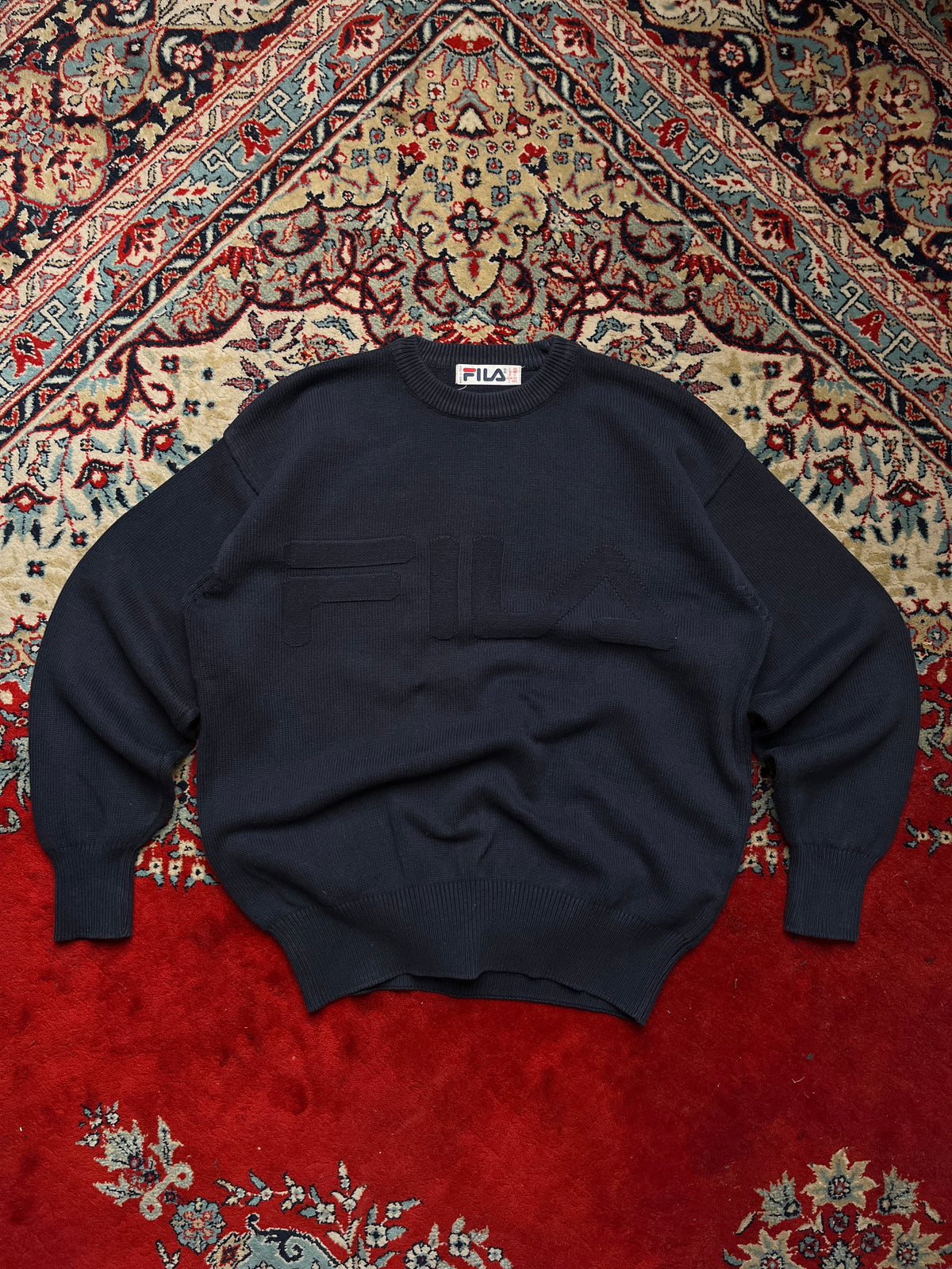 Vintage Fila Navy Blue Embossed Big Logo Knit Crewneck Sweater - M
