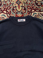 Vintage Fila Navy Blue Embossed Big Logo Knit Crewneck Sweater - M