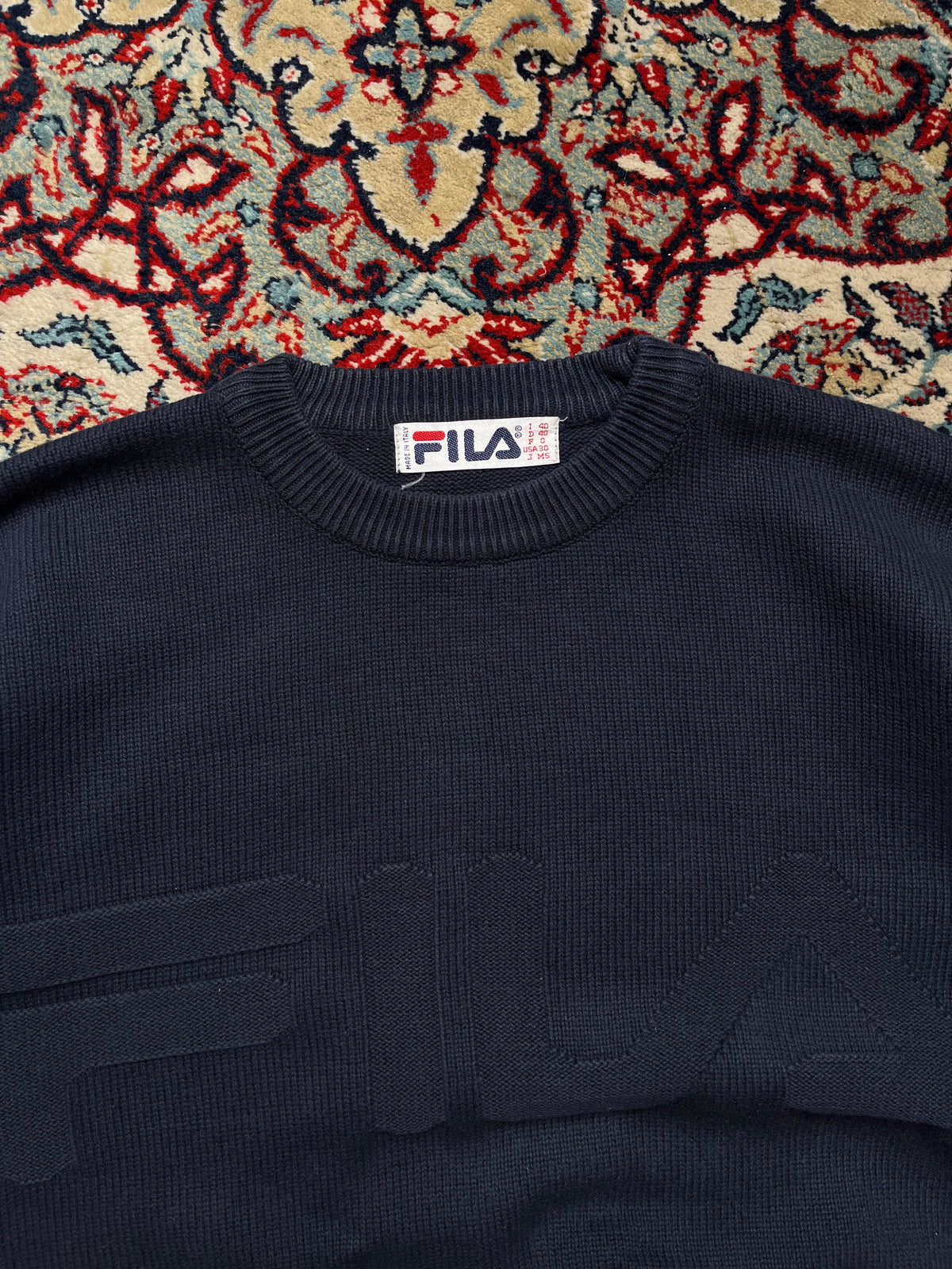 Vintage Fila Navy Blue Embossed Big Logo Knit Crewneck Sweater - M