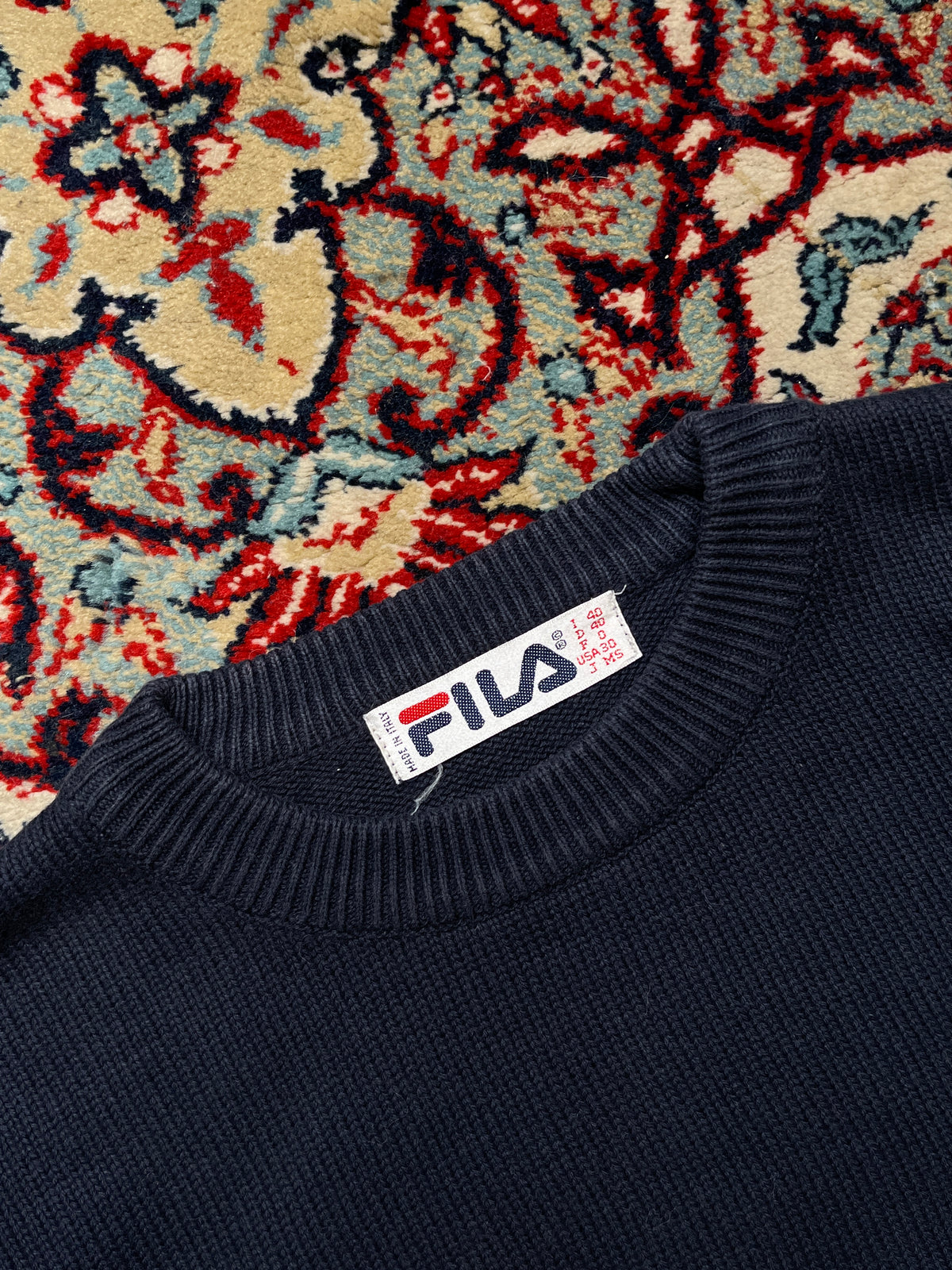 Vintage Fila Navy Blue Embossed Big Logo Knit Crewneck Sweater - M
