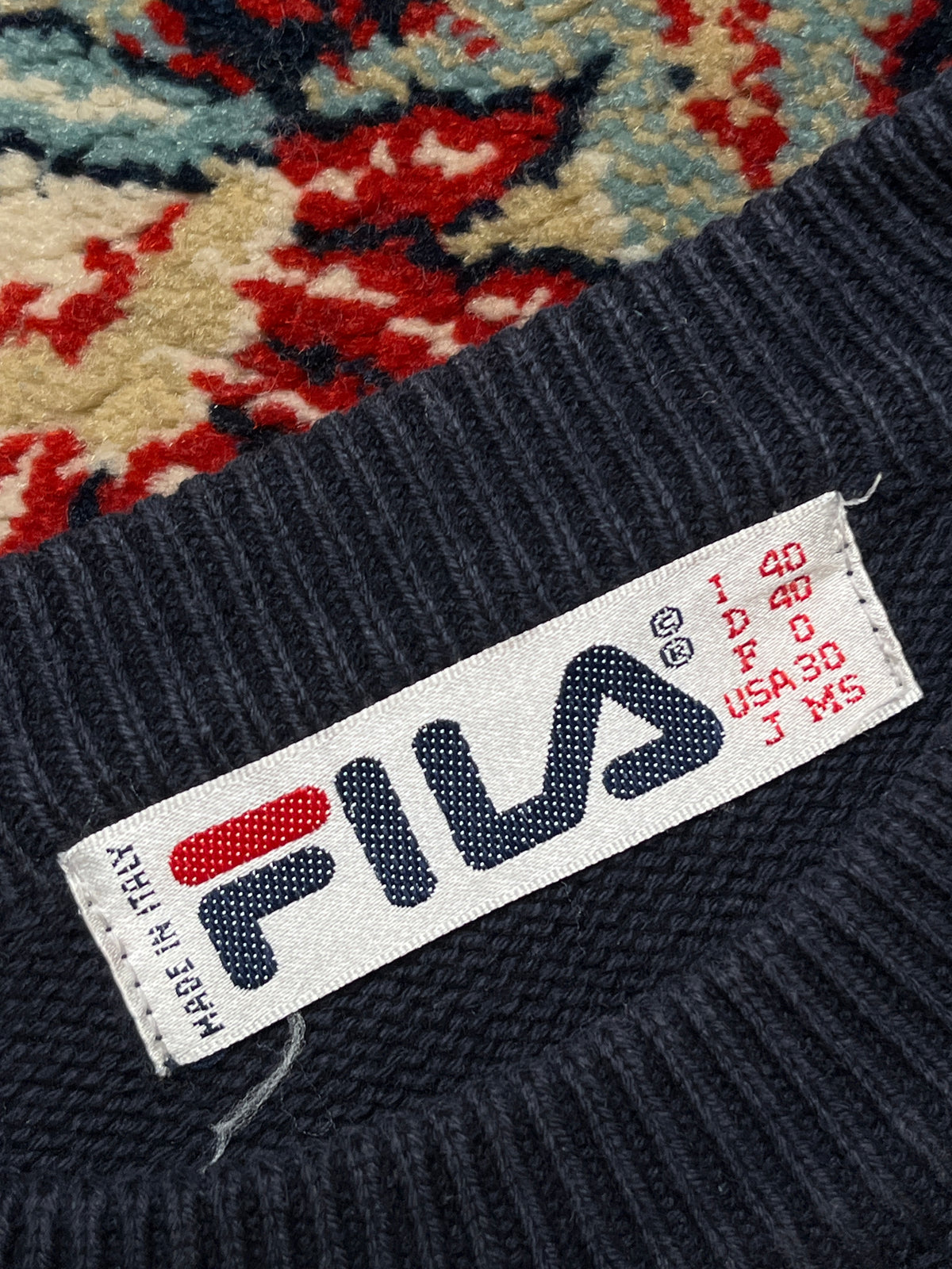 Vintage Fila Navy Blue Embossed Big Logo Knit Crewneck Sweater - M