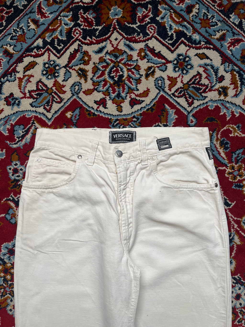 Vintage Versace Jeans Couture Medusa Button Ittierre White Denim JEANS - 30