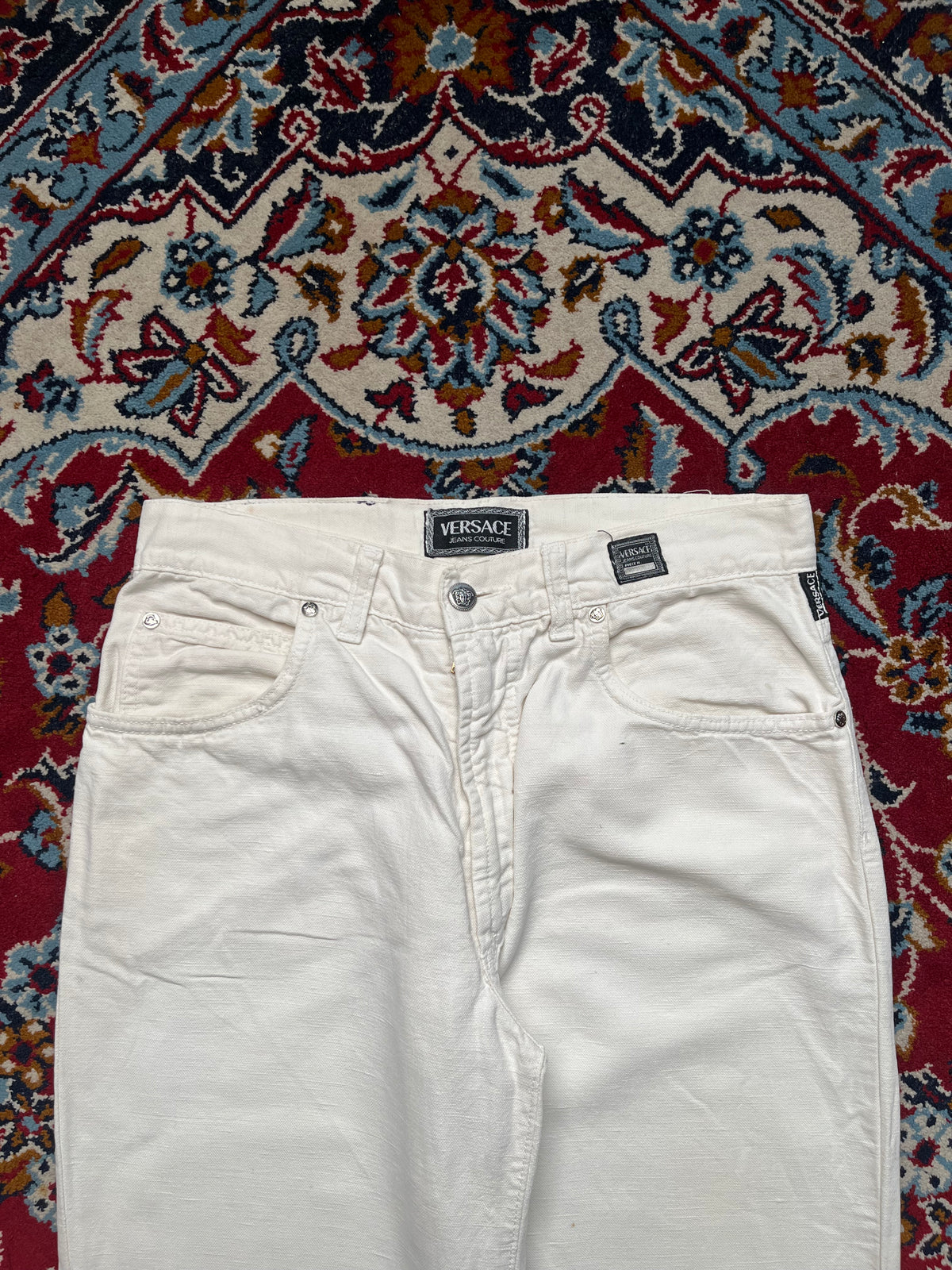 Vintage Versace Jeans Couture Medusa Button Ittierre White Denim JEANS - 30