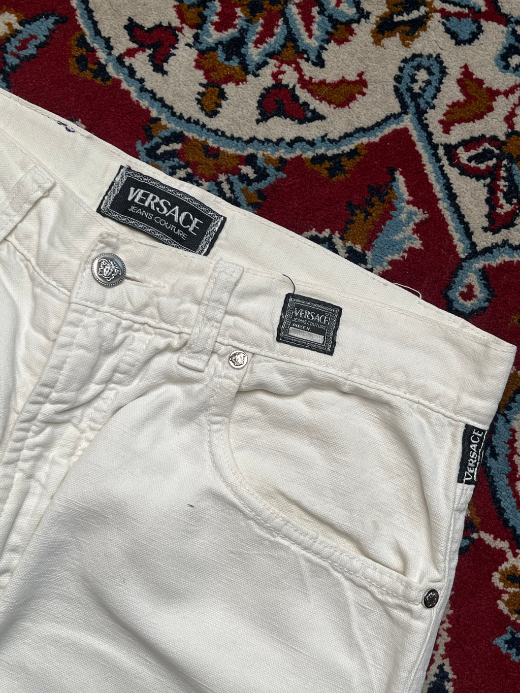 Vintage Versace Jeans Couture Medusa Button Ittierre White Denim JEANS - 30