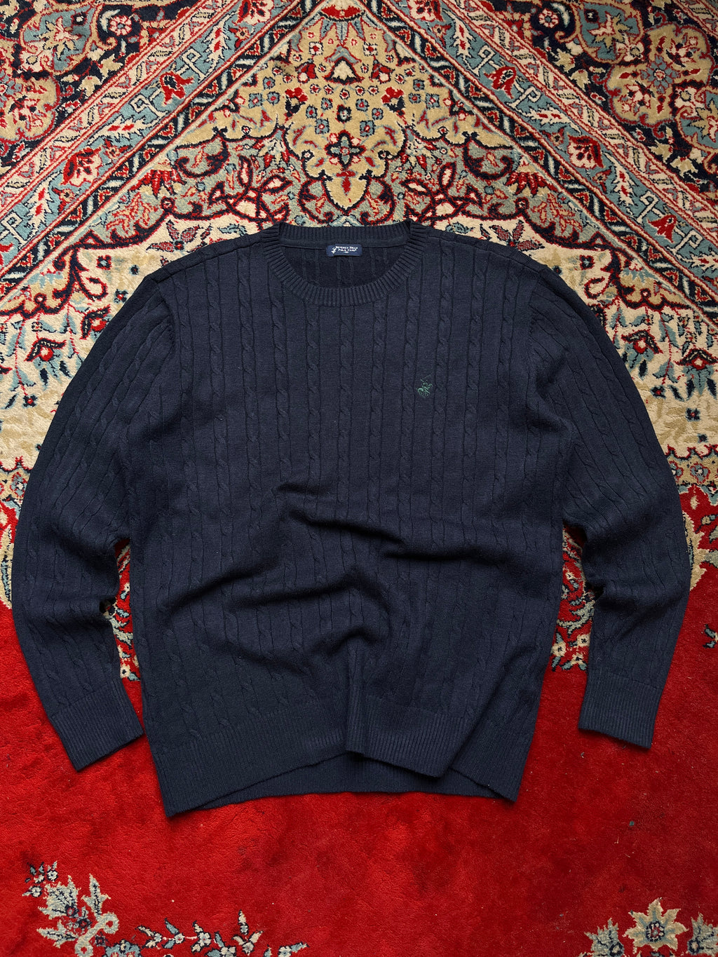 Beverly Hills Polo Club Navy Blue Cable Knit Crewneck Sweater - L